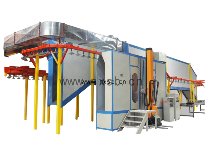 Suspended reciprocating automatic plastic spraying and drying tunnel line